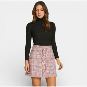 ROSE UNIVERSE Skirt Women Size Large Pink Tweed Woven Fringe Trim Faux Pearl